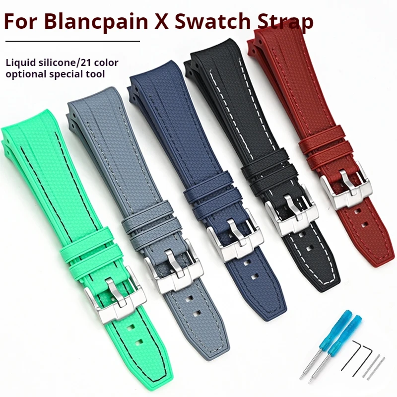 Waterproof Rubber Silicone Watch Band 22mm Curved End Sport Strap for Swatch X Blancpain Five Oceans Compatible with Fifty Fatho