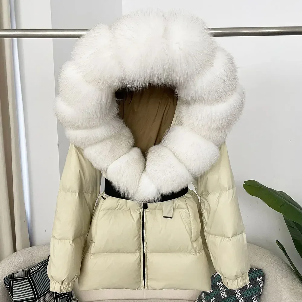 Oftbuy 2024 inverno puffer jaqueta feminina pele de raposa real com capuz grosso quente pato branco para baixo casaco feminino parkas jaqueta de pele à prova dwaterproof água