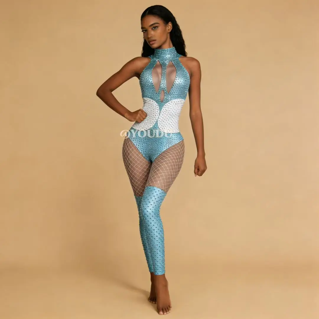 Fashion Long Sleeves Rhinestone Jumpsuit Female Party Celebration Rompers Women Bodycon Aerial Dance Stage One Piece Bodysuits