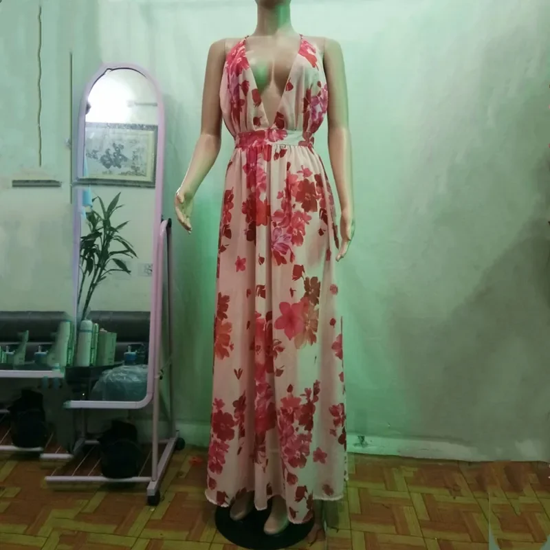 فستان طويل نسائي مثير بطبعة زهور ، بوهو فضفاض ، رقبة عميقة على شكل حرف V ، طويل ، فساتين طويلة ، أنيقة ، عارية الذراعين ، متقاطعة الظهر ، أحزمة ، عطلة ، شاطئ ، صيف
