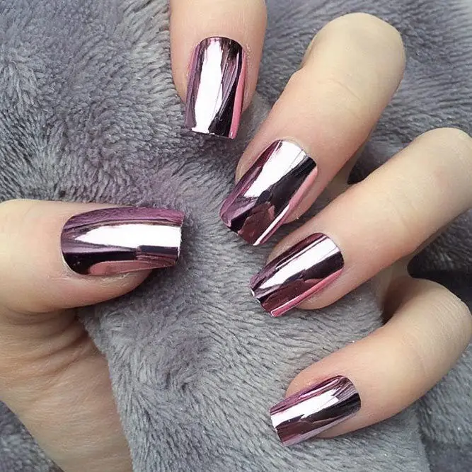 24 pcs Glossy ROSE Pink Metallic Mirror Press On Chrome Nails Short Square Fake Nails for Women and Girls