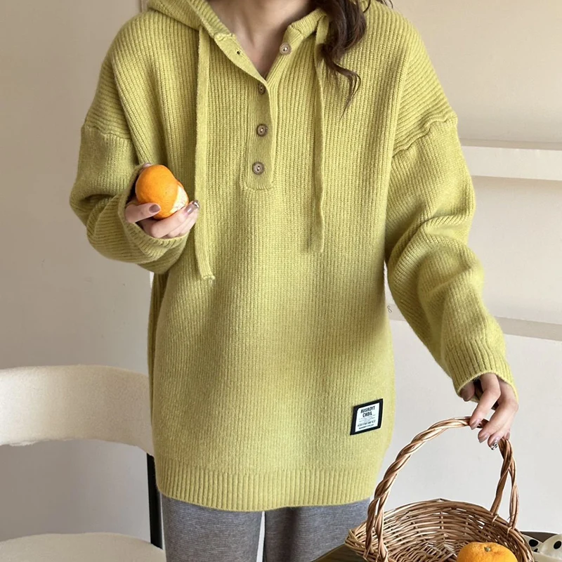 

Autumn Korean Version College Style Casual Hooded Kintted Top Womne Semi-Open Collar Medium-Long Loose Thicken Sweater