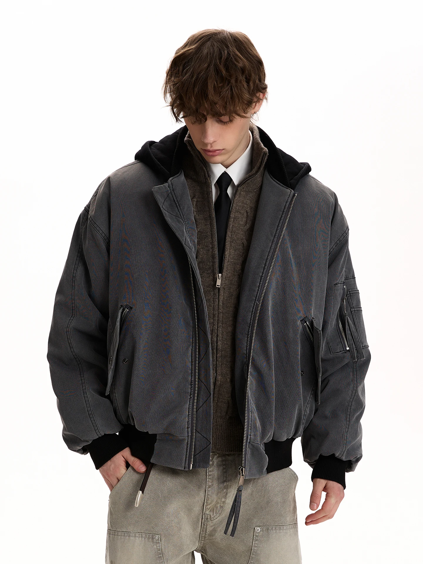 

PUEE Американский ретро Винтаж Thiened ort Хлопковая летная куртка с капюшоном Молодежное повседневное теплое пальто с наполнителем из полиэфирного волокна