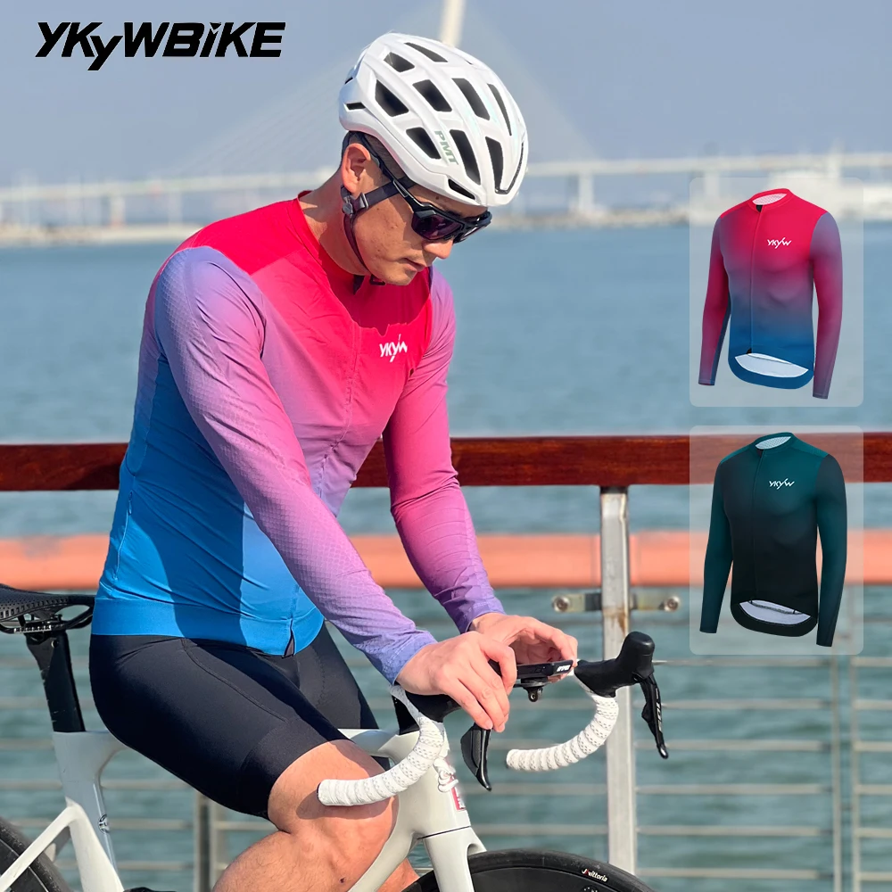 YKYWBIKE Men's Long Sleeve Cycling Jersey Italy MITI Fabric Wear-resistant Breathable Gradient Bicycle Road Bike Shirts Autumn