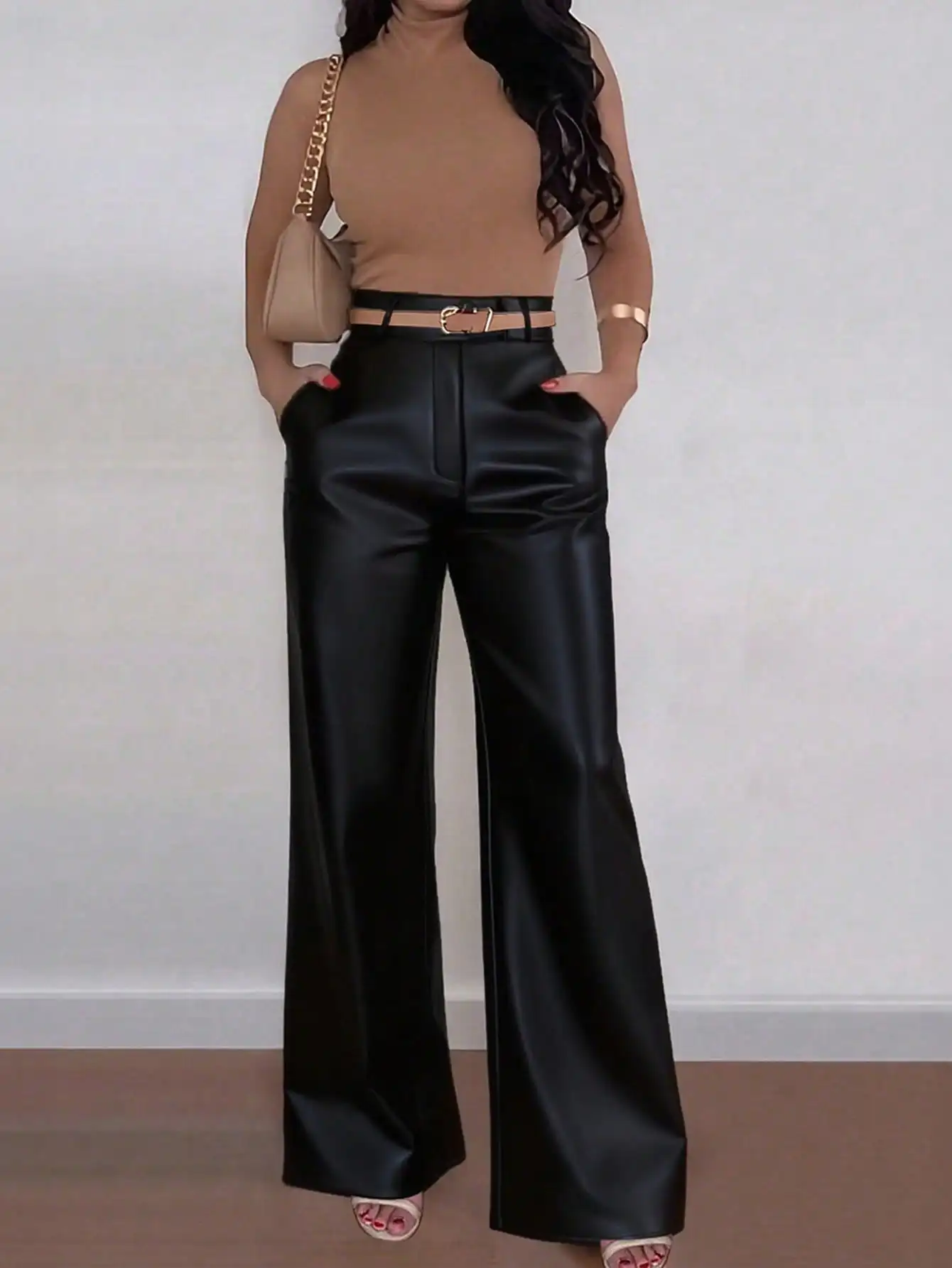 

Женские широкие брюки из искусственной кожи с высокой талией и поясом, свободного кроя, для осени