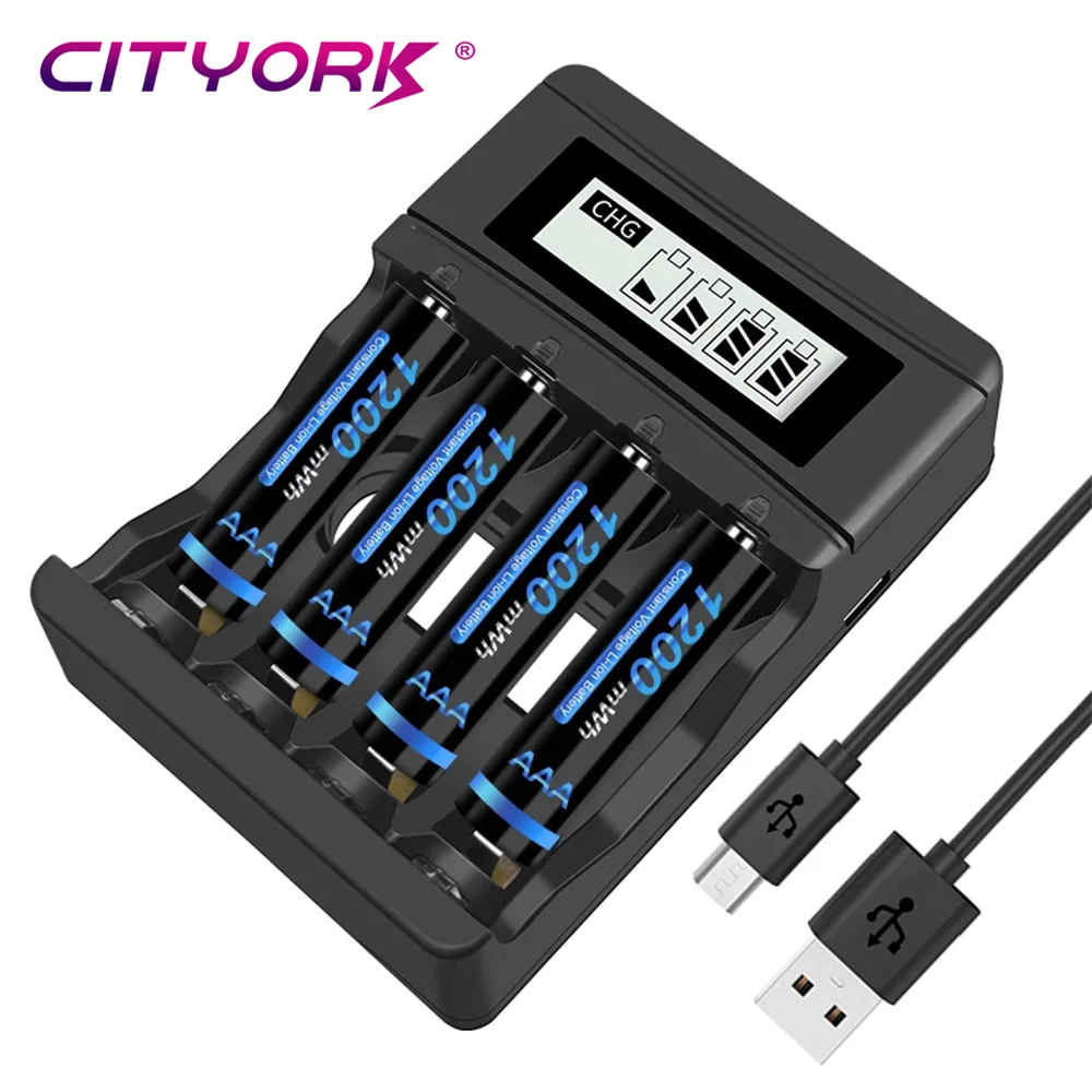 CITYORK LCD USB Battery Charger For 1.5V AAA AA Rechargeable Lithium Battery Charger 4 Slots 1.5V Li-ion AA AAA Battery Charger