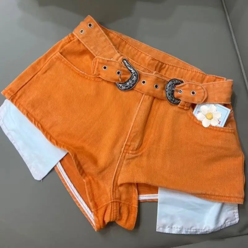 2026 Summer New Orange Spice Girls Denim Shorts High Waist Pocket Leakage Hot Shorts Jean Shorts