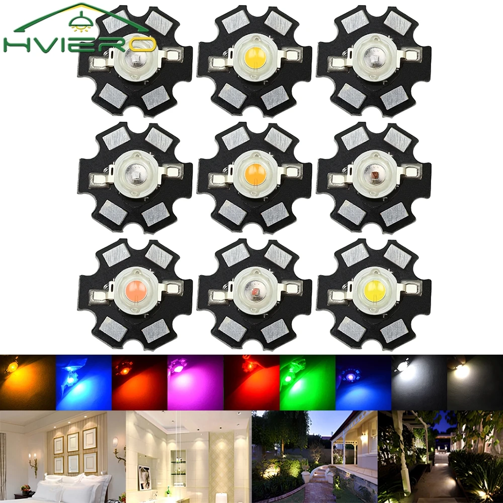 10X 20mm 3V 3W Led High Power Chip Light Bead White Red Blue Green Led Beads Emitter LED Bulb Diodes Lamp with Star Min Heatsink