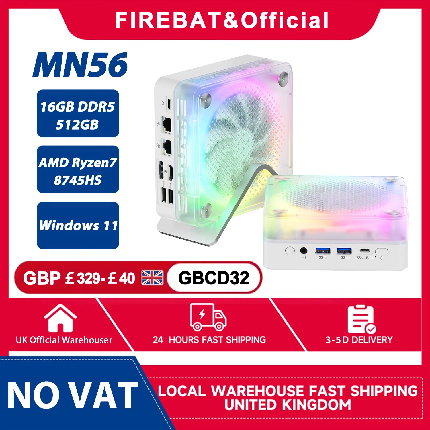 FIREBAT MN56 Mini PC AMD Ryzen 7 8745HS 16GB DDR5 512GB SSD Dual 2.5G LAN USB4 Windows 11 Home Server AI Ready Compact Desktop
