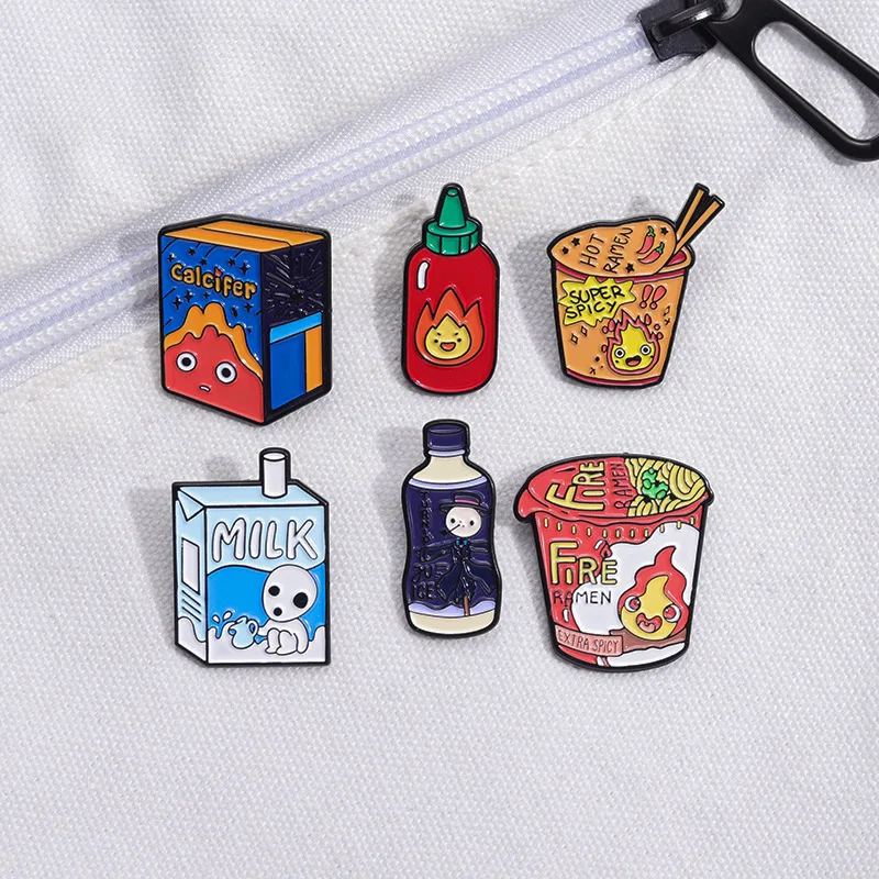 Fire Demon Ramen Enamel Pins Custom Cartoon Milk Wishing Bottle Brooch Lapel Badge Bag For Kids Anime Movie Jewelry Gift