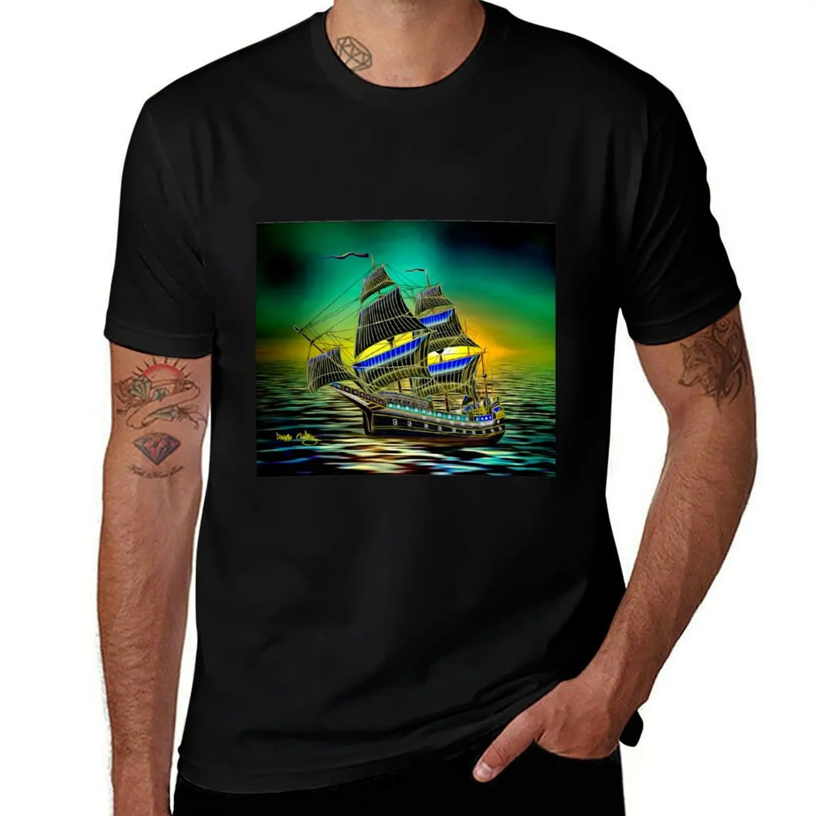 A Colourful Line-art, Ship of the Line, Battleship at Sunset T-Shirt t shirt man casual T-Shirt