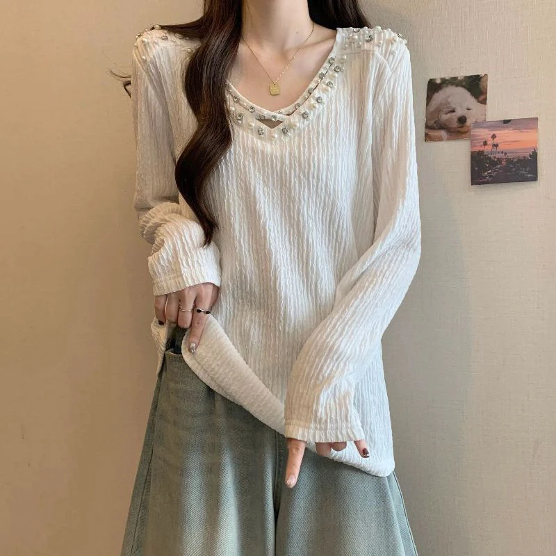 

Fall Pearl Women V Neck Long Sleeve T Shirt Hollow Out Korean Fashion Casual All-match Loose Clothes Underwear Black White Daily