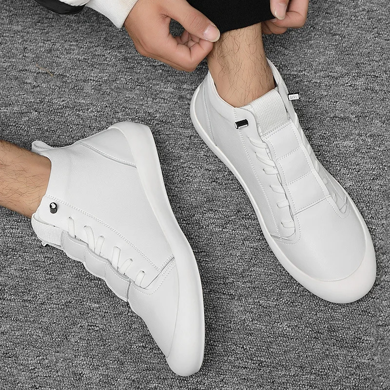 2025 Autumn Men's Genuine Leather High Top Sneakers Skate Shoes Platform Sole Comfortable Casual Skate Style White Shoes Tênis