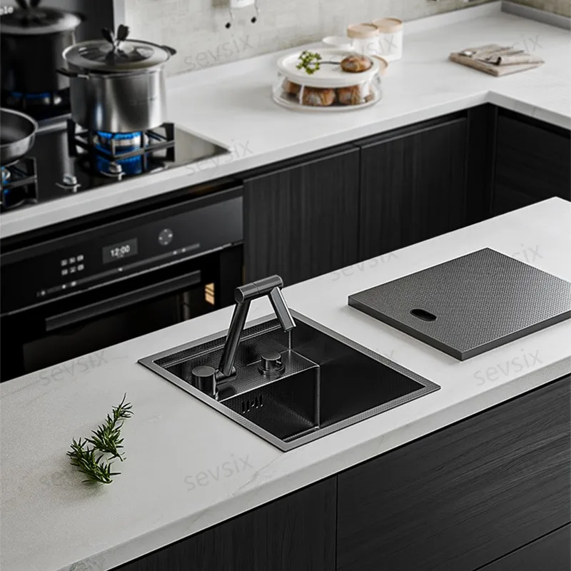 Modern Stainless Steel Black Kitchen Sink with Double Bowl & Drainboard, Easy Clean Design for Efficient Dishwashing