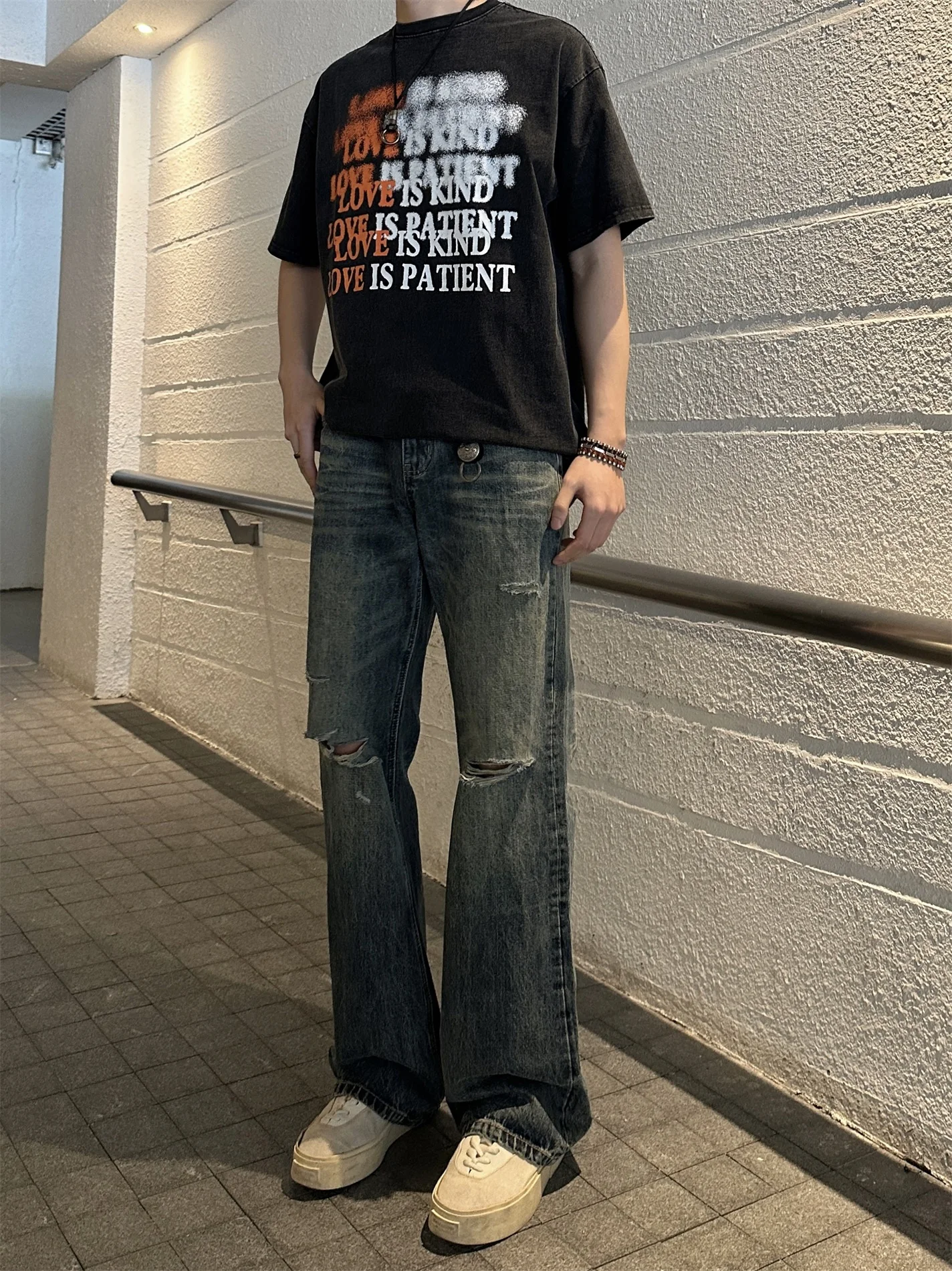 

Waed Ripped High Street Denim Jeans Men's American Retro Cleanfit Flared Straight Leg Slimming Jeans Casual Youth Summer