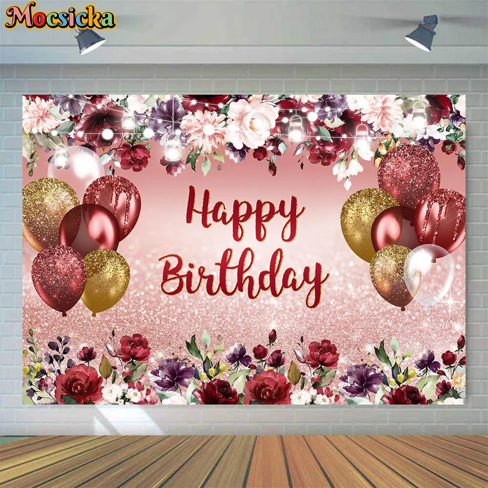 

Mocsicka Happy Birthday Backdrop Burgundy Flowers Balloon Bokeh Woman Fabulous Birthday Party Photo Background Customized Banner