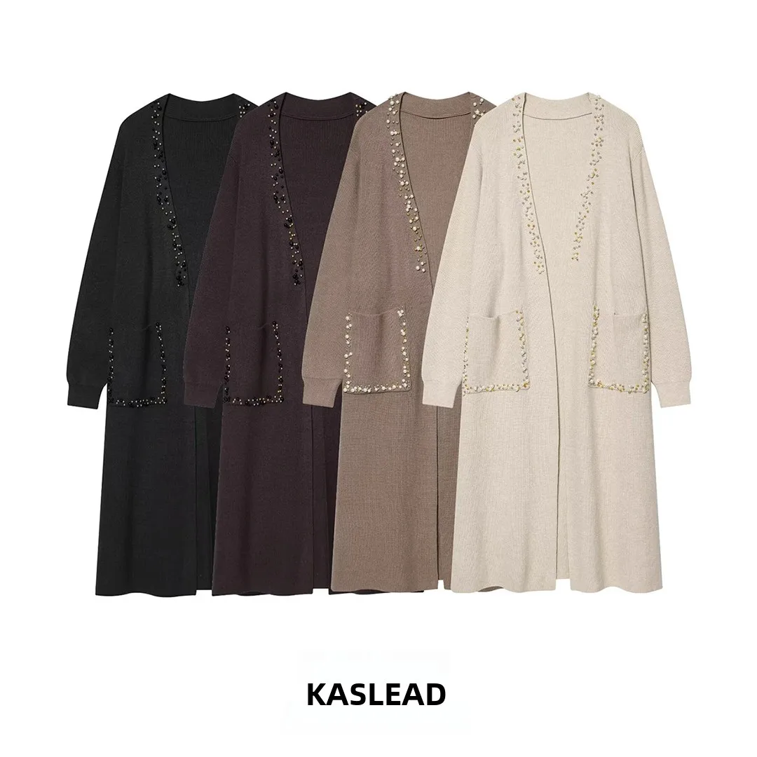 

KASLEAD New Fashionable Casual Long Knitted Open Cardigan Women's Polyester Fiber Rivet Decorated Versatile Lengthened Sweater