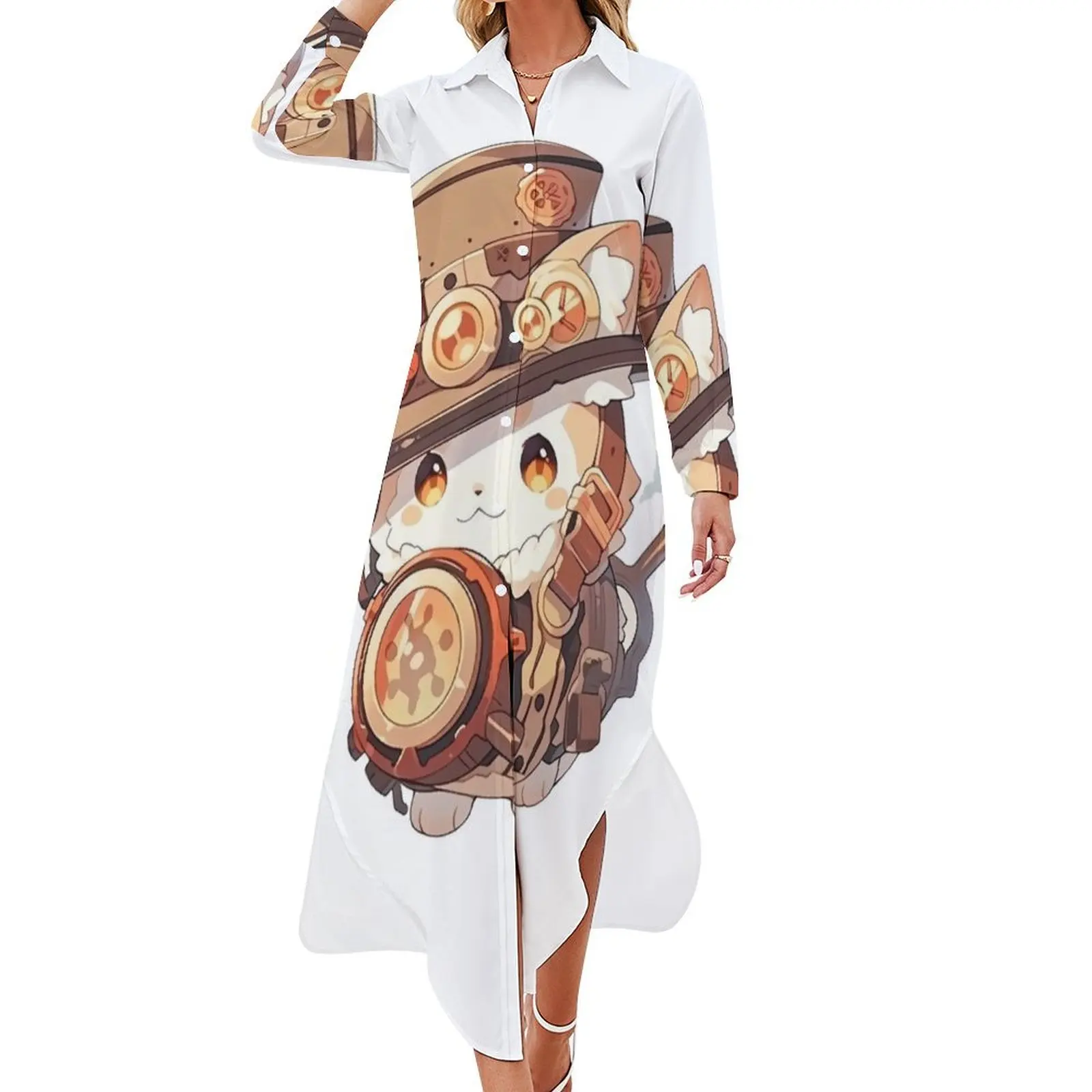 Cute Kawaii Steampunk Kitten Long Sleeved Shirt Dress dress Prom gown