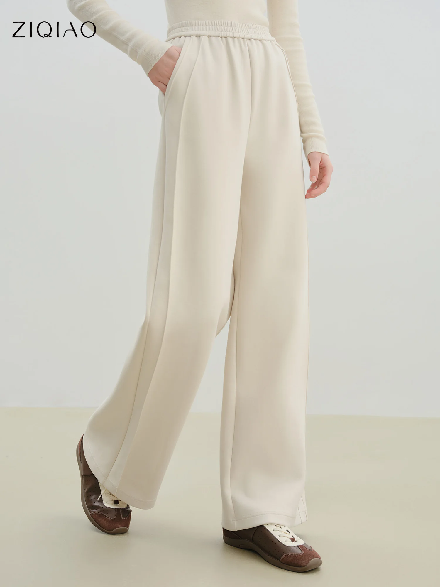 

ZIQIAO Petite Women's Warm Skin Air Cotton Casual Pants 2025 Winter New Arrival Straight-Leg Floor Length White Pants Winter