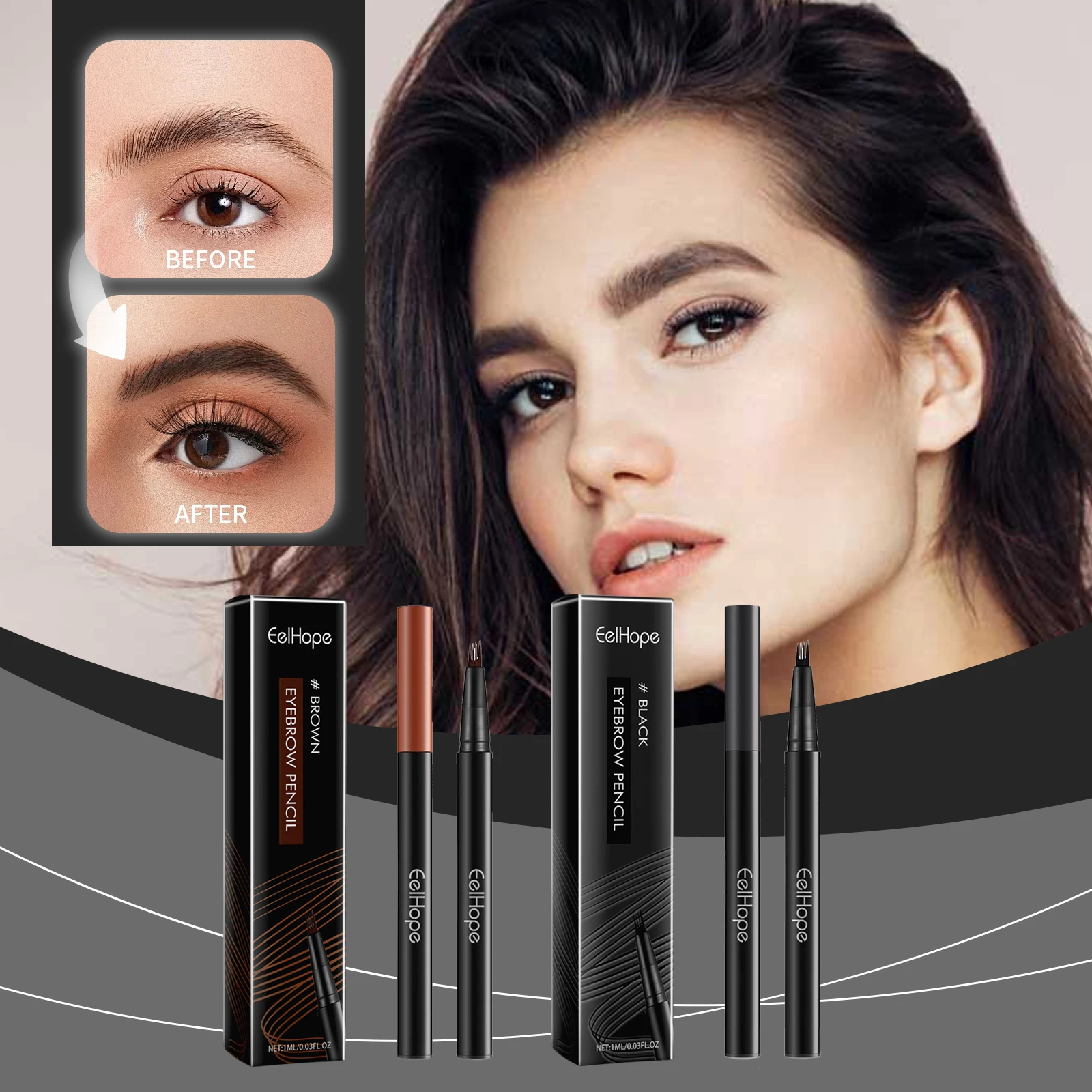 EELHOE 4 Forks Waterproof Eyebrow Pencil Long Lasting Natural Black Dark Brown Liquid Eye Brows Pen Women Eyes Cosmetics 12g/pcs