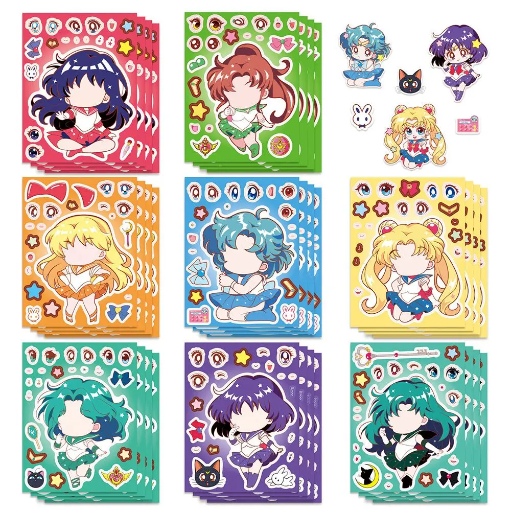 8/16PCS Sailor Moon - Pegatinas DIY de Rompecabezas de Cambio de Cara - Póster Decorativo de Collage de Interacción de Amigos con Diseño de Dibujos Animados Lindos para Fiestas 2026