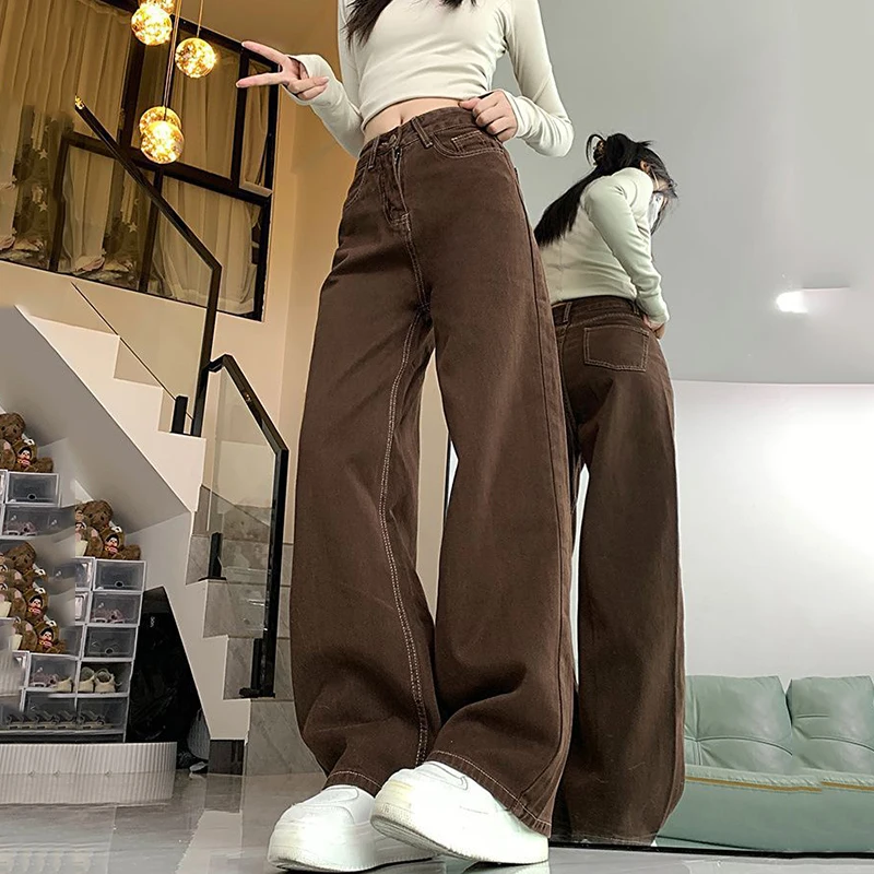 American Retro Straight Jeans Women 2026 Autumn High Waist Loose Coffee Wide Leg Pants Woman Fashion Loose Baggy Denim Trousers