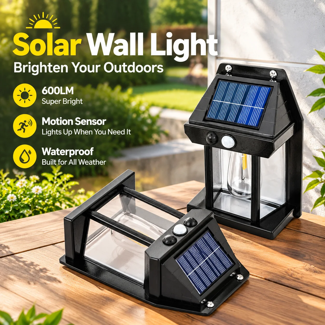 Solar Wall Light ABS Motion Sensor Waterproof LED 600LM Warm Light 5W 3.7V 400mAh for Garden Yard Patio