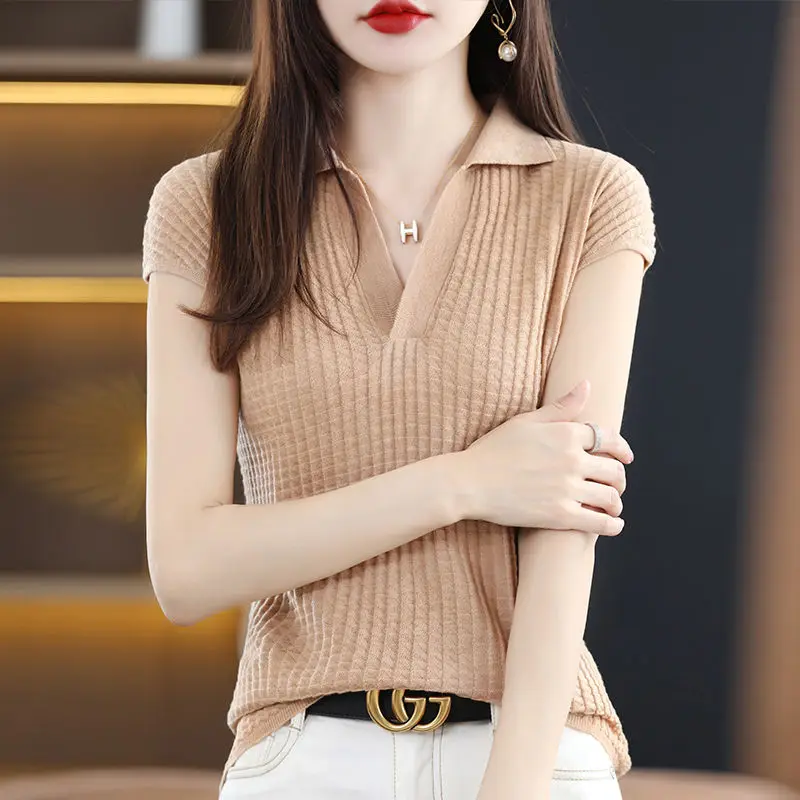 Fashion Lapel Solid Color Short Sleeve Shirt Summer All-match Casual Pullovers 2024 Women Clothing Loose Commute Knitted Blouse