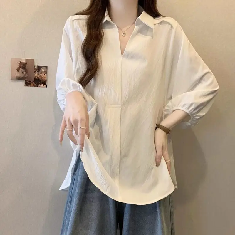 Women Summer Simplicity Fashion Loose Solid Color Turn-down Collar 3/4 Sleeve Shirts Women Clothes Casual All-match Elegant Tops