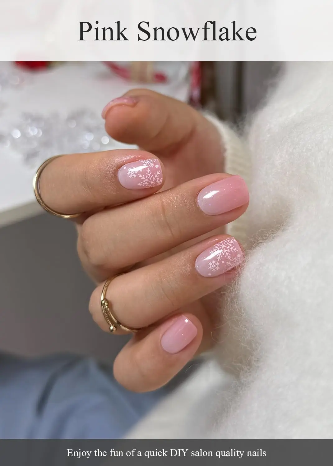 شرائط أظافر جل شبه معالجة على شكل ندفة الثلج الوردية، 20 قطعة من أغطية أظافر عيد الميلاد، جودة الصالون، متوافقة مع مصباح الأشعة فوق البنفسجية