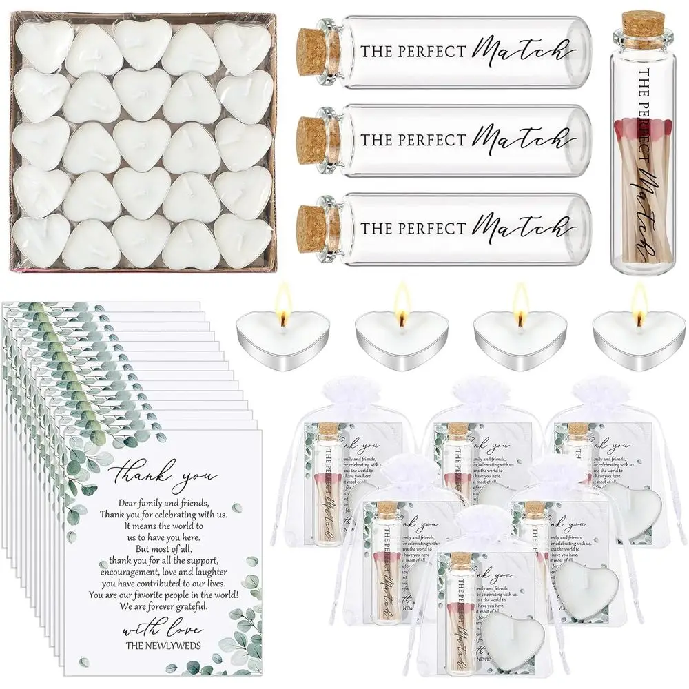 

100-Set Wedding Favors: Heart Candles, Empty Jars, Cork Tops, Thank You Cards, Organza Bags for Bridal Shower Souvenirs
