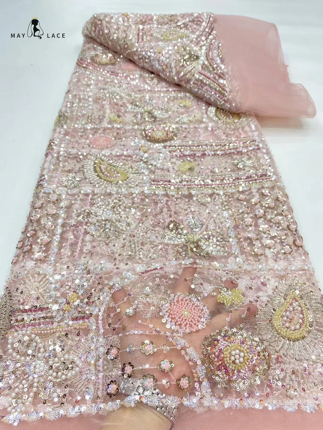 

African Beaded Lace Fabric 2025 Bridal High Quality Sequins Embroidery Groom Nigerian French Tulle Lace Fabric For Wedding Party