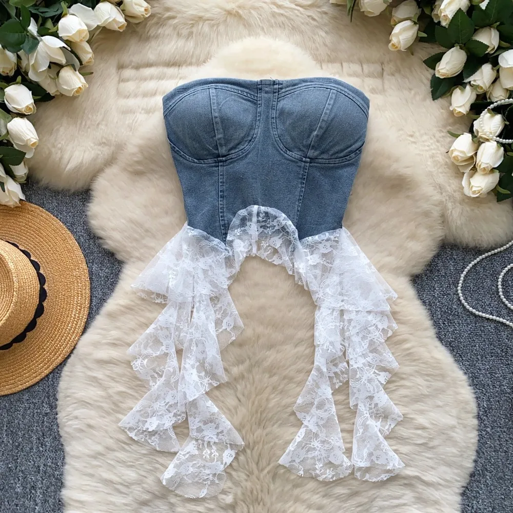 Sexy Spliced lace Chic Crop Top Korean Tanks Top Women Women Corset Bustier  women clothing