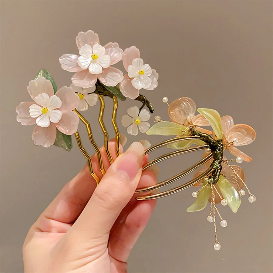 Floral Hair Comb Chinese Hanfu Hair Accessories For Women Green Flower Alloy Hairpin Hair Clips Vintage Girls Headwear Jewelry