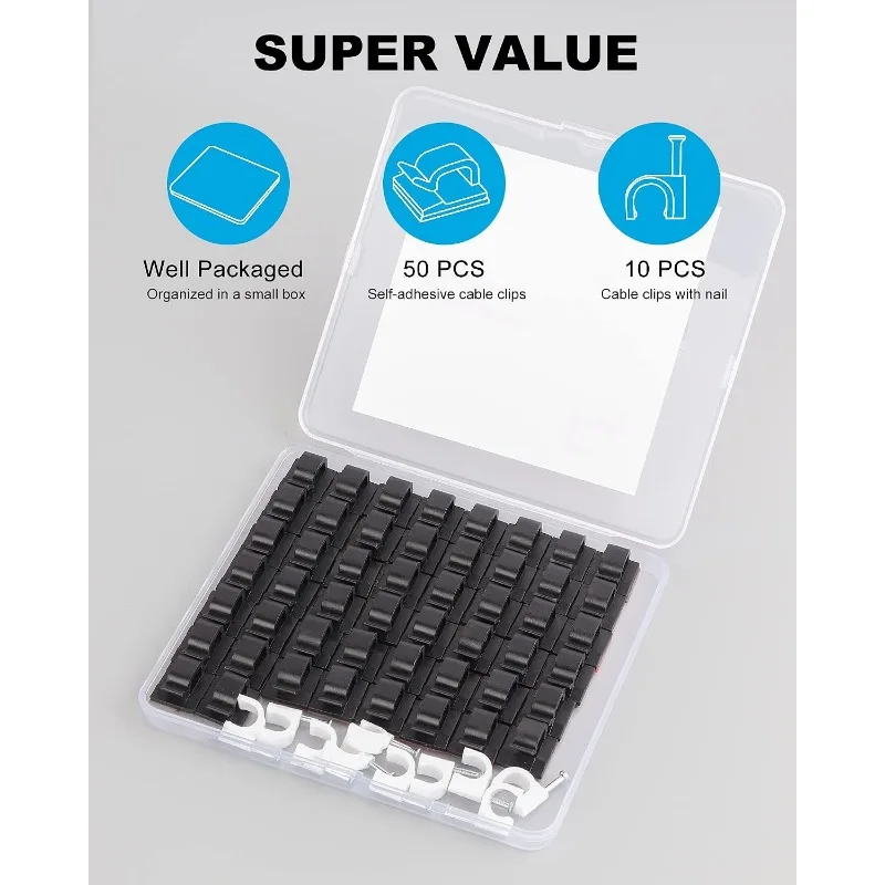 60 PCS Adhesive Cable Clips, Upgraded Wall Wire Clips for Cable Management, Strong Cord Clips Wire Holders for The Wall, Under Desk, Christmas Lights, Car, Dash Cam, Ethernet, Electric Wires Small