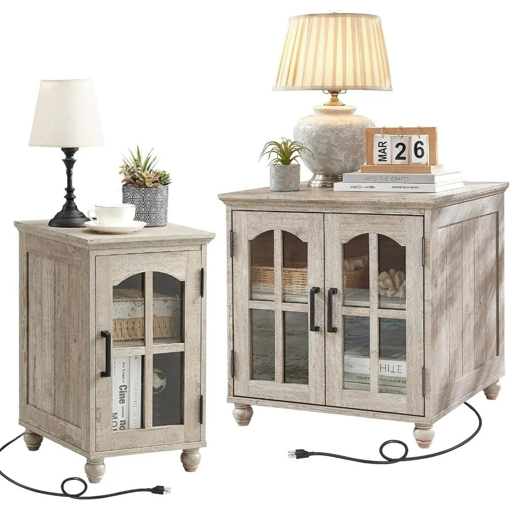 Pair of Farmhouse-Style End Tables with Charging Station, 18-inch Slim Side Table and 24-inch Wide Sofa Table Featuring Glass Ba
