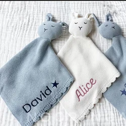 Knitted Baby Comfort Blanket Embroidered Name Soft Blanket Personalized Name Baby Shower Party Gifts Dolls for Boys and Girls