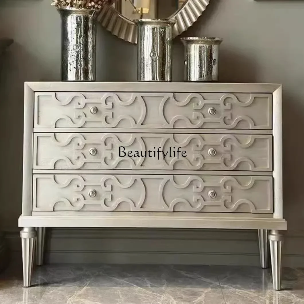 05-French medieval solid wood six-chest cabinet ash wood bedroom American living room retro storage bedside cabinet entrance