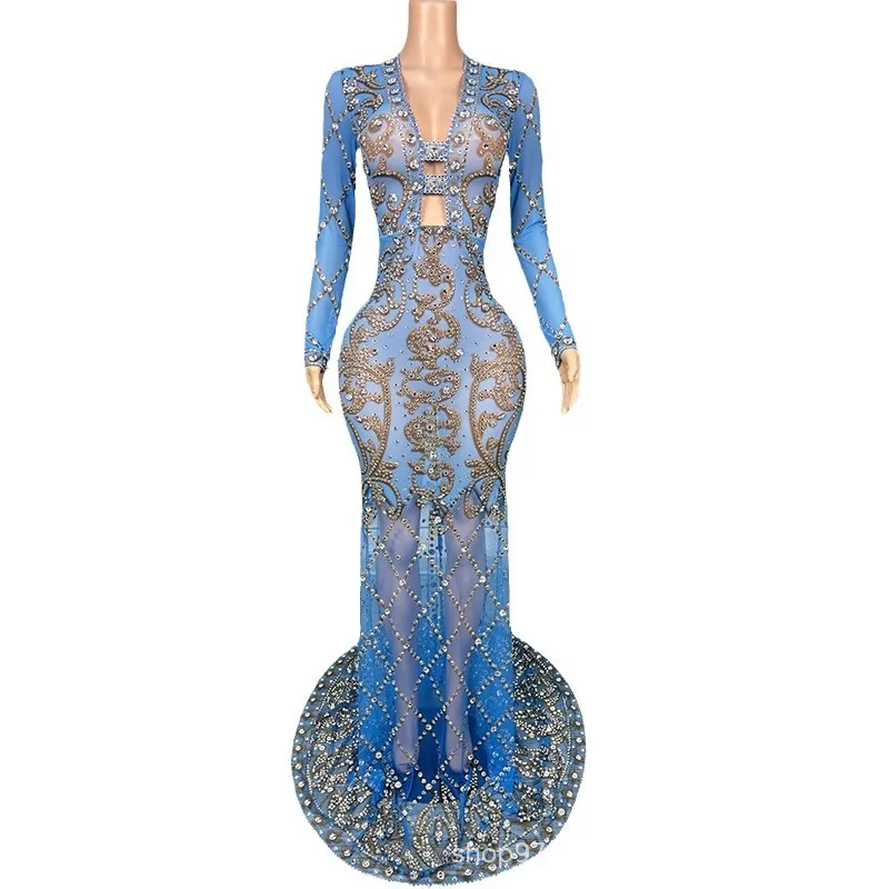 Niebieska Sukienka Wieczorowa z Głębokim Dekoltem w Serek, Prześwitująca Siateczka, Elegancka, na Urodziny, Koktajl, Bal, Spotkanie Firmowe, Sukienka dla Gospodyni, Vestido Festas