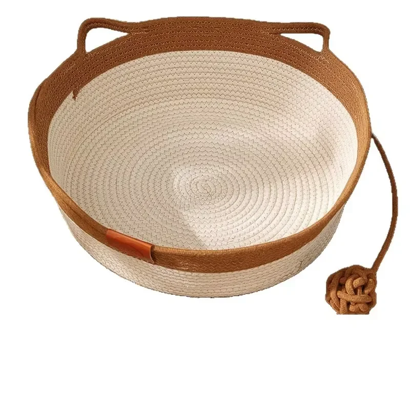 Hand Woven Rattan Cat Bed Summer Cool Nest Sweat Absorbing Breathable Pad with Scratching Board Durable Indoor Pet Supplies