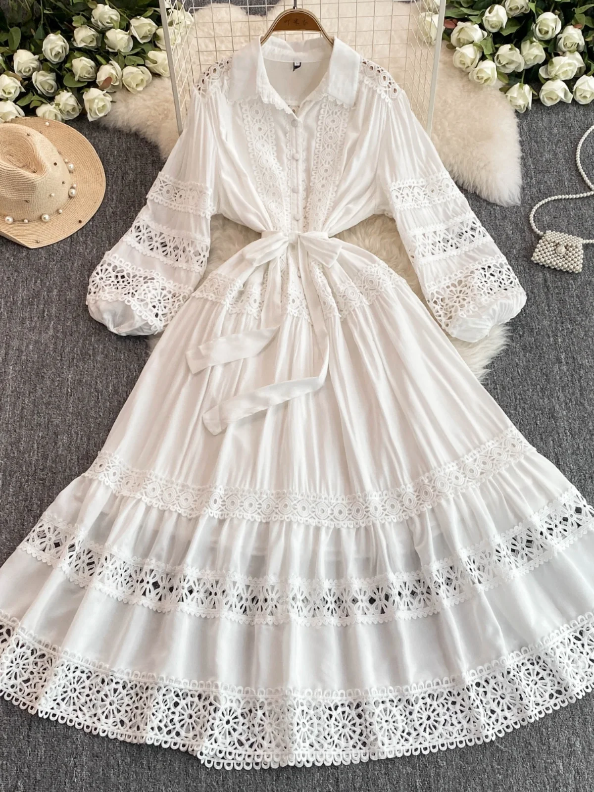 Summer Autumn Lace Embroidery Wedding Evening White Dress Shirt Women Sexy Hollow Out Long Sleeve Midi Vestidos Party Robe