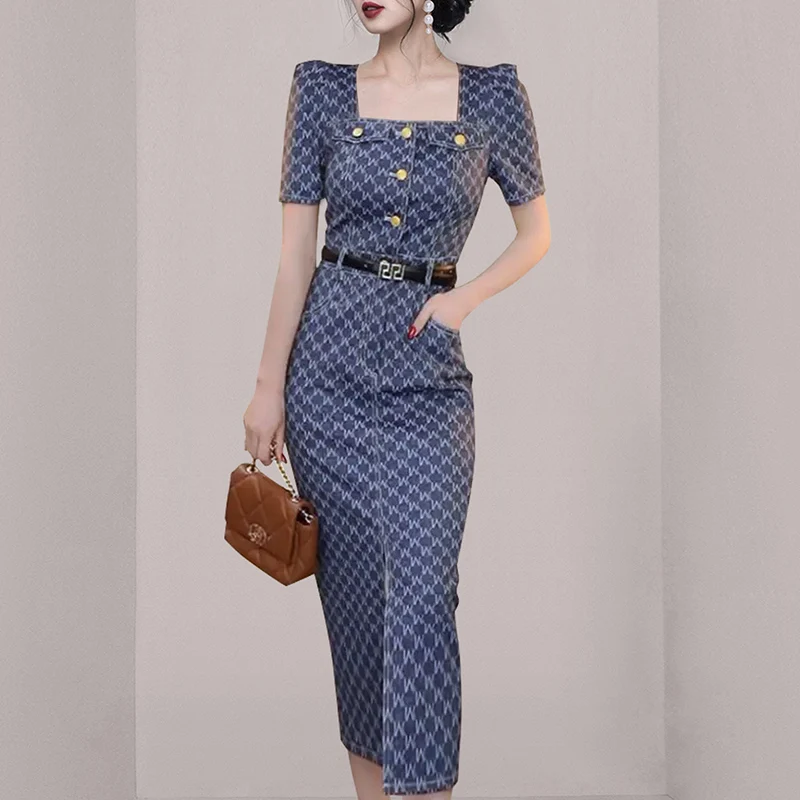 Korean Fashion Summer Short Sleeve Split Temperament Square Collar Midi Length Dress Elegant Woman Party Dresses 2023 with Belt