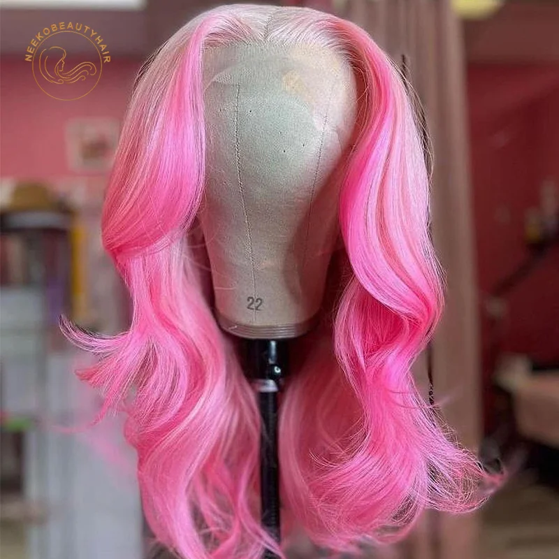 Transparent Lace Frontal Wigs Ombre Light Pink Dark Pink Wavy 13X4 Lace Front Wig 180% Density 2 Tones Colored Human Hair Wigs