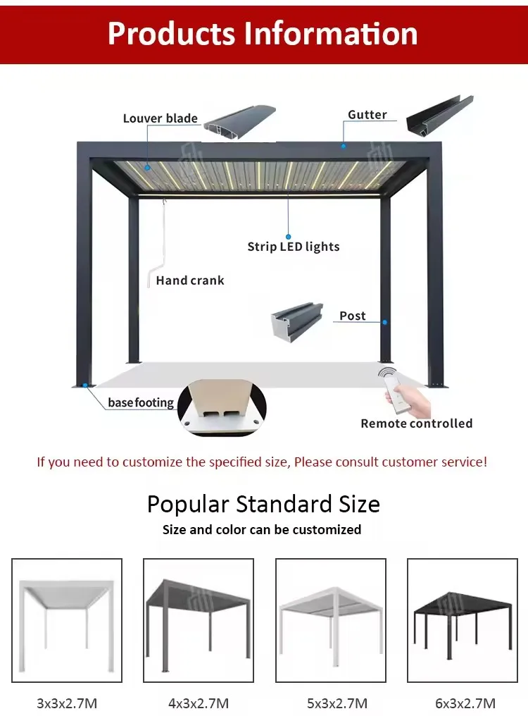 3x3 3x4 3x5 3x6 4x3 4x4 4x6m Garden Outdoor Electric Aluminum Folding Motorized Bioclimatic Retractable Roof Pergola for Patio B