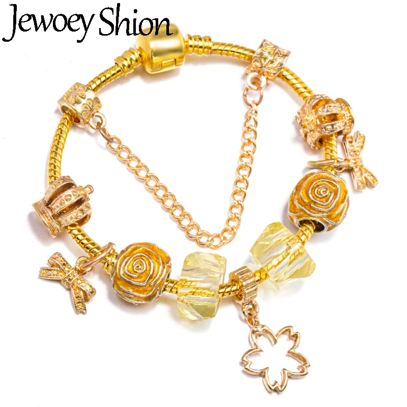 Golden Fowers & Crown Bead Chain With Bow Pendent DIY Brand Charm Bracelet Jewelry For Women Making Gift New Desgin