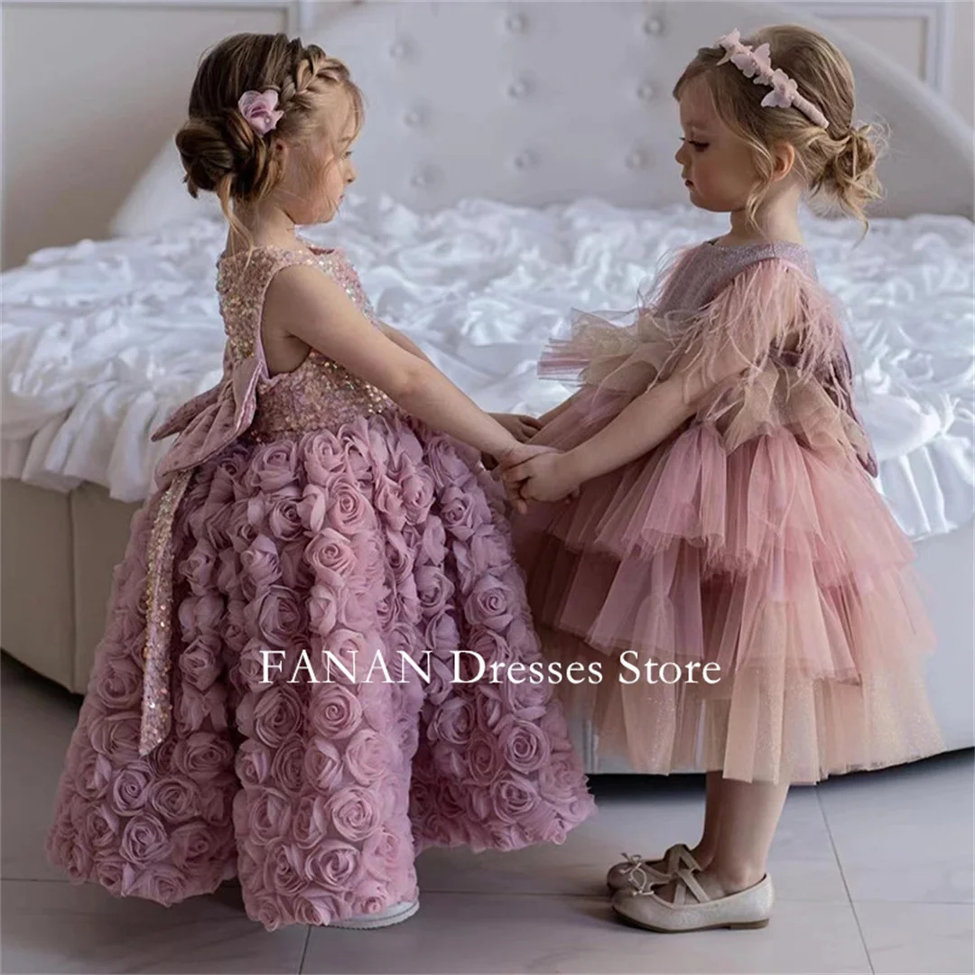 FANAN-Robes de demoiselle d'honneur roses pour filles, robe de princesse à col rond pour enfants, fête d'anniversaire, première communion, nouvelle mode