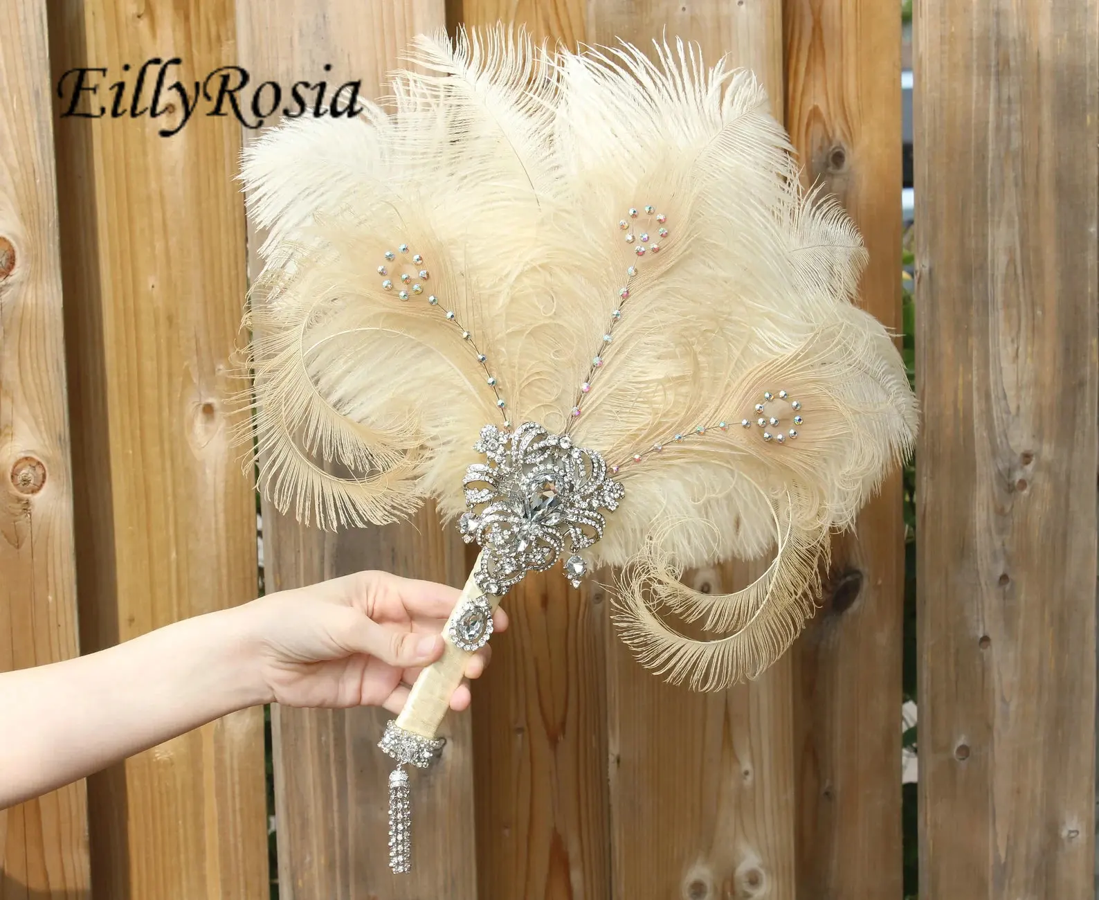 

EillyRosia New Arrival Ostrich Feather Fan Ivory Champagne Peacock Feather Bridal Fan for The 1920's Gatsby Masquerade Party