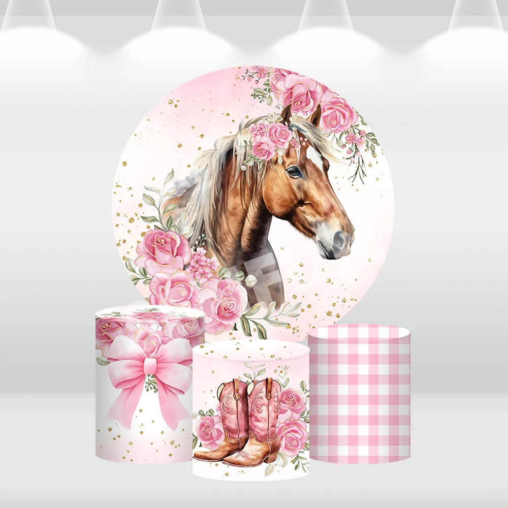 Cowgirl Round Backdrop Cover Kids Birthday Party Decoration Pink Bow Horse Baby Shower Banner Circle Background Cylinder Cover