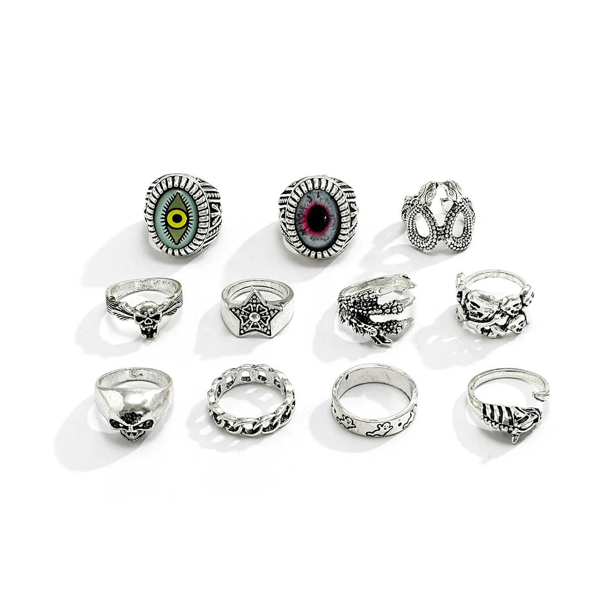 KunJoe Goth 11pcs/set Animal Shape Adjustable Rings For Men Punk Silver Color Geometric Hip Rock Finger Rings Bar Night Club