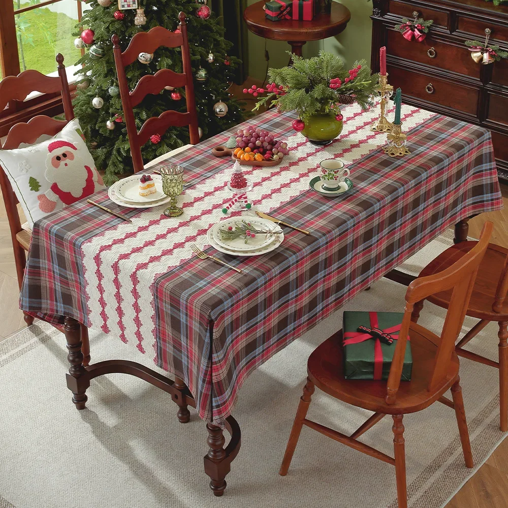 Christmas Plaid Tablecloth Cover Patchwork Craft Restaurant Table Cloths Festive Atmosphere Cloths Fabric Decoration Home